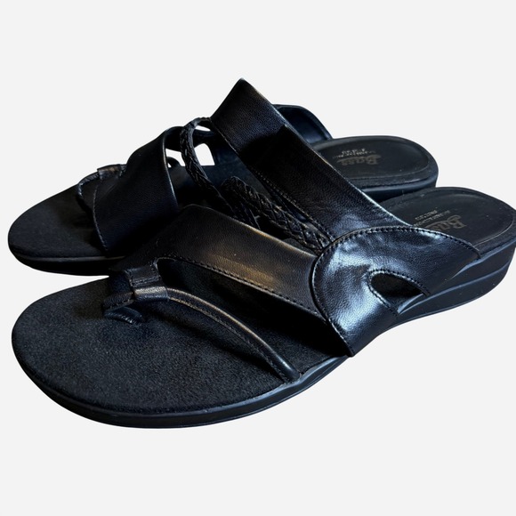 G.H. Bass & Co. Shoes - GH Bass Womens Black Leather Braided Strappy Toe Loop Wedge Slide Sandals 9M